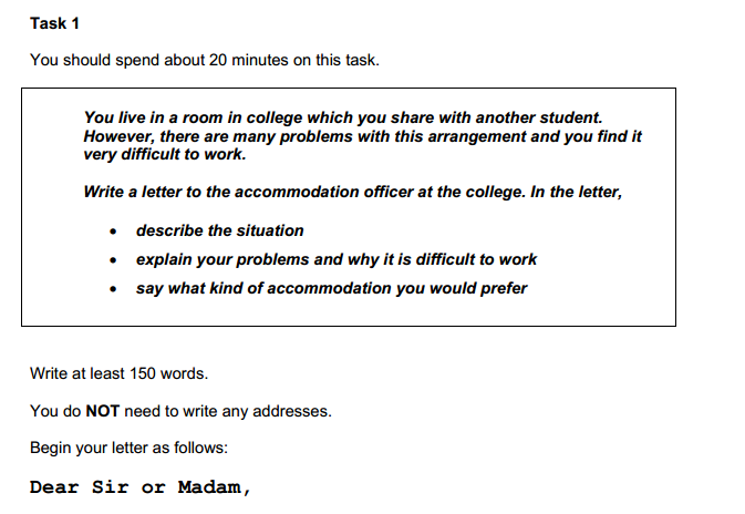 ジェネラルのタスク１(手紙)。大学の寮の部屋に不満があるため苦情の手紙を書く問題